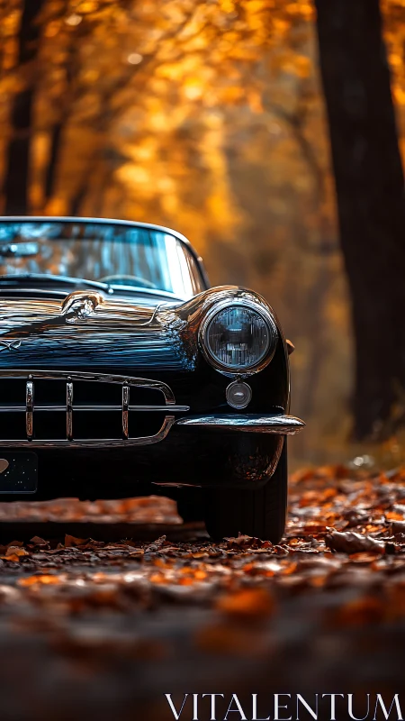 Vintage black coupe gleaming on an autumn forest road.