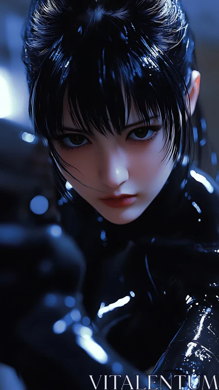 Digital portrait depicts close-up of dark-haired figure in latex
