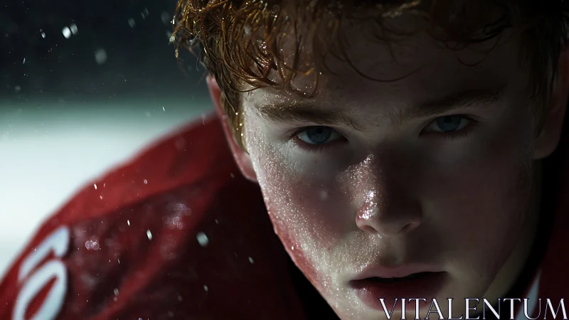 Intense closeup portrait of young ice hockey player under spray