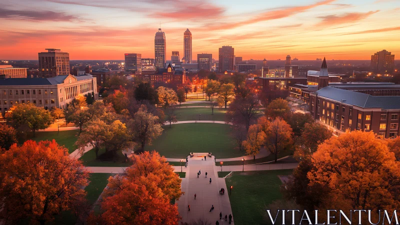 Central campus lawn aligns with urban skyline at sunset