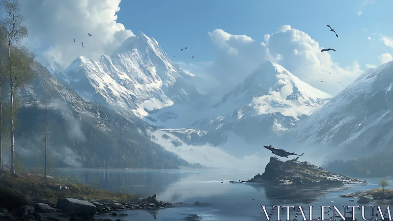 Snow crowned giants watch sleek starship skim their silent lake