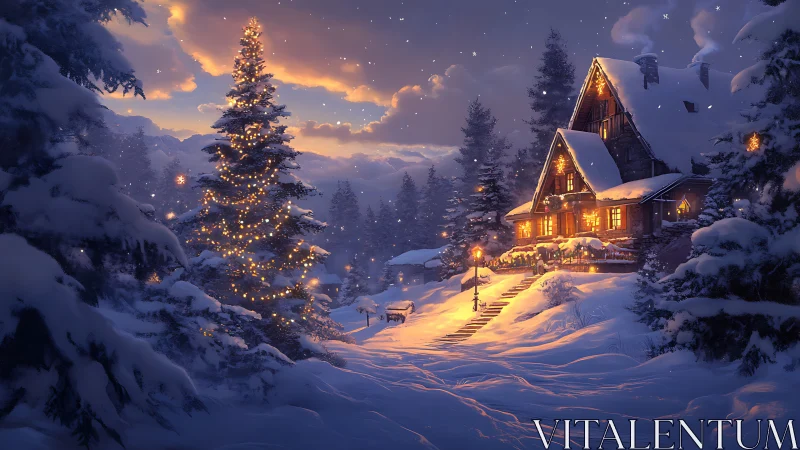 Digital painting of illuminated chalet in snow-laden forest at dusk.