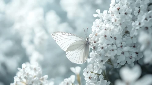 White butterfly rests on clustered white flowers in soft focus