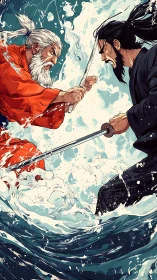 Samurai rivals clash with swords amid towering ocean waves.