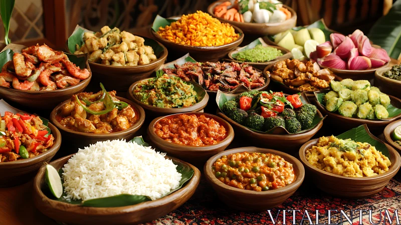 High-saturation South Asian banquet with multiplex curry array.