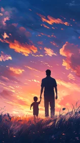 Silhouetted adult and child walking at sunset horizon.