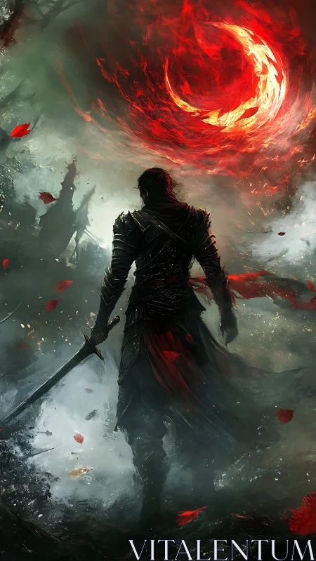 Lone dark warrior beneath a blazing crimson sky.