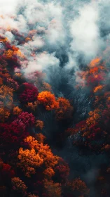 Aerial Autumn Valley with Stratified Mist and Deciduous Canopy.