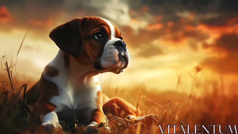 Sunset daydreaming puppy turns a field into quiet magic