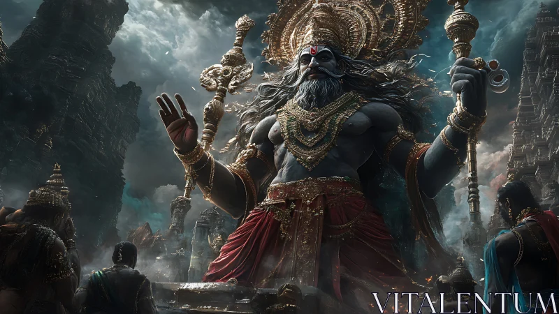 Colossal divine warrior rises above storm-lit ancient temples.