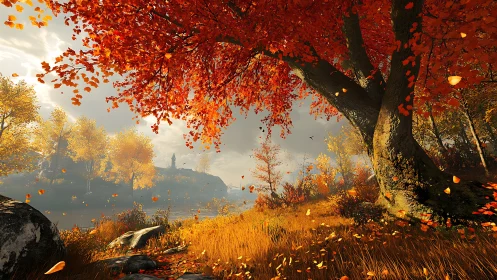 Crimson maple sentinel over windswept golden riverside.