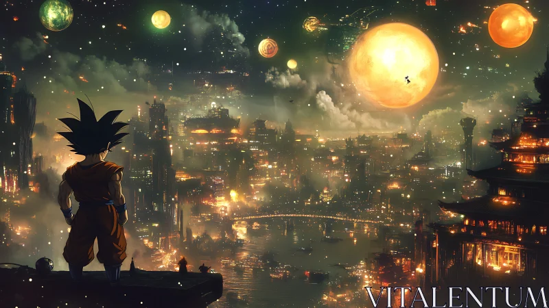 Saiyan sentinel watching dragon orbs crown a neon empire.