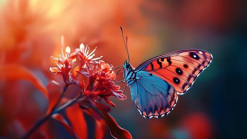 Macro view of butterfly on flower with warm bokeh background.