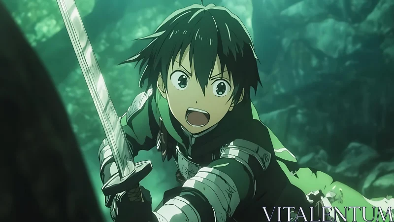 Young anime swordsman attacking in a green forest.