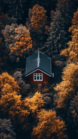 Cozy red forest cabin embraced by glowing autumn trees.