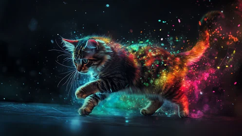 Neon Cat Explosion: Luminous Particle Burst in Cosmic Space