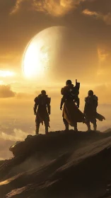 Armored figures stand on rocky cliff under massive planet