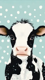 Holstein calf portrait on blue background with white dots.