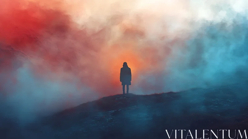 Solitary figure stands in glowing red and blue mountain mist