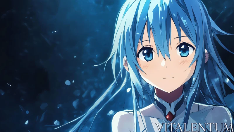 Blue haired anime girl portrait with soft light glow.