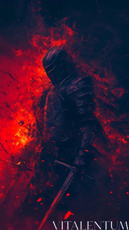 Fiery dark knight emerging from glowing crimson embers.