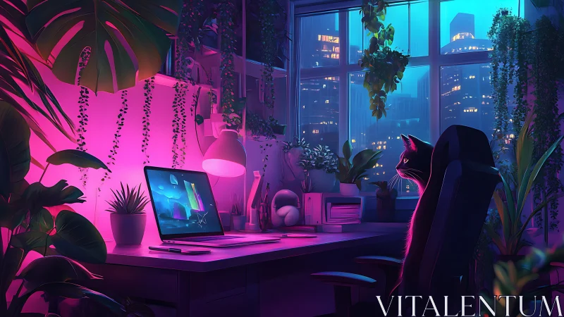 Neon jungle workspace with city lights and a curious cat.