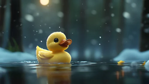 Rubber duck model floats on reflective pond in snowfall