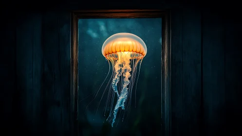 Luminous jellyfish portal drifting through a midnight window.