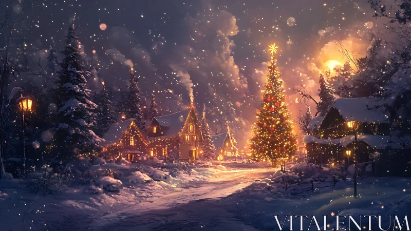 Snowlit village square with glowing Christmas tree centerpiece.