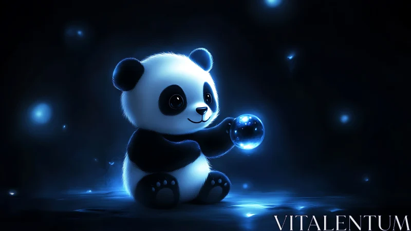 Starlit baby panda cradles a glowing orb in midnight blue.