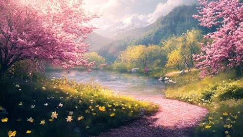 Spring blossoms embrace a tranquil river beneath alpine peaks.