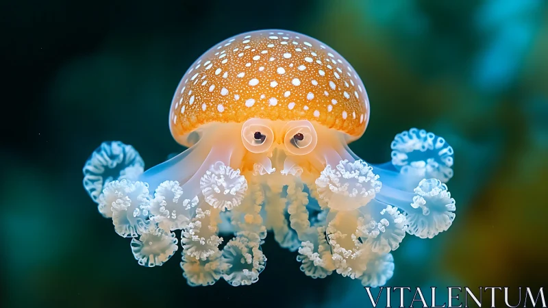 Spotted jellyfish specimen is shown suspended in clear water