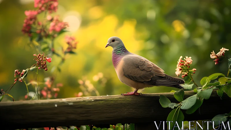 Vibrant pigeon perched on rustic fence in dreamy floral garden.