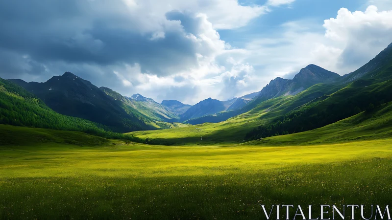 Sunlit valley meadow under brooding mountain guardians.