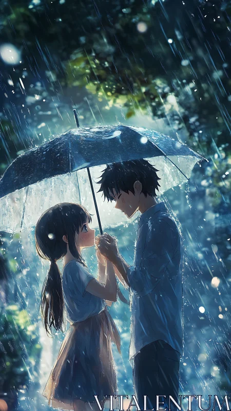 Quiet umbrella moment in the rain between young hearts.