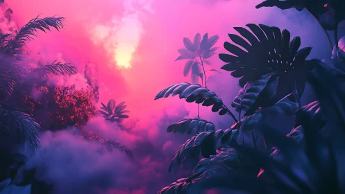 Neon jungle plants glow through misty magenta twilight