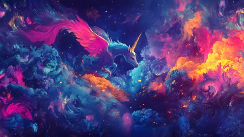 Bioluminescent winged unicorn in nebular prismatic clouds