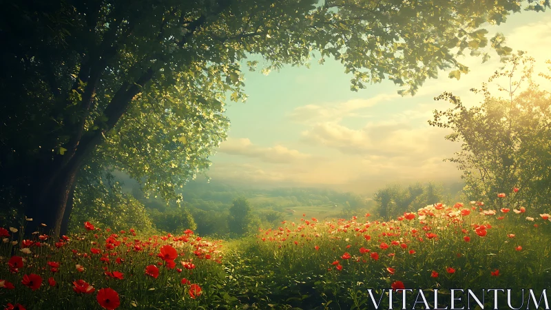 Morning light gently warms a tranquil field of red wildflowers