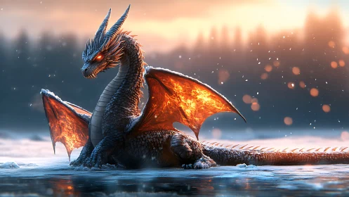 Lava-lit dragon resting on frozen lake with volumetric backlight