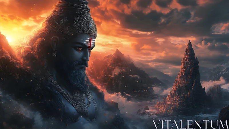 Mythic blue deity watches over fiery mountains at dusk