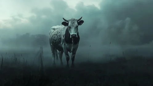 Solitary speckled cow stands in eerie, mist-filled pasture.