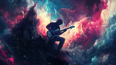 Cosmic bassist shredding riffs across a nebula storm.