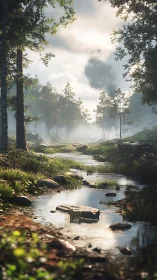 Misty forest stream cutting through woodland landscape.