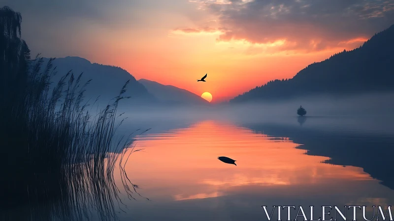 Serene misty lake sunrise with silhouetted reeds and birds.