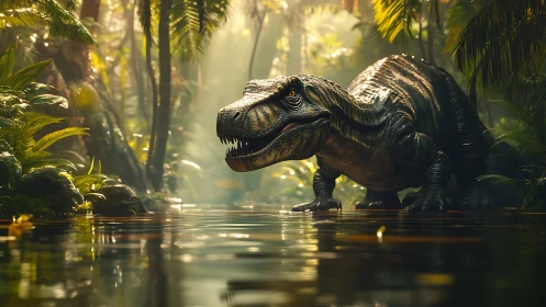 Primeval tyrannosaur stalking through misty jungle shallows.
