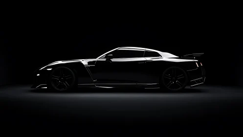Sleek black sports car resting in dramatic studio light.