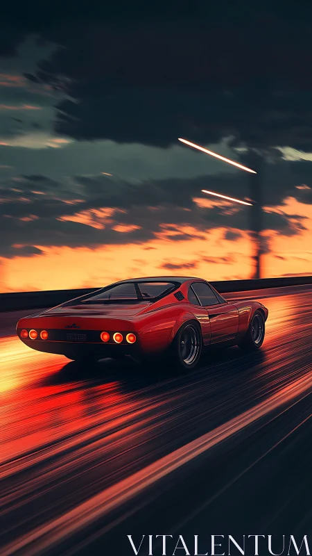 Red sports car gliding into a glowing sunset highway escape.