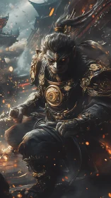 Armored monkey king warrior amid burning temple ruins.