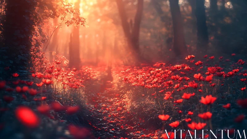 Sunlit forest path lined with glowing red wildflowers.