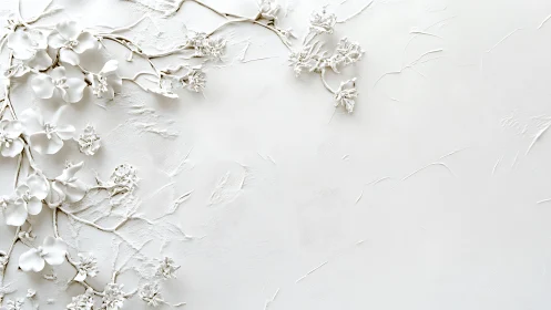 White floral relief on textured plaster background surface.